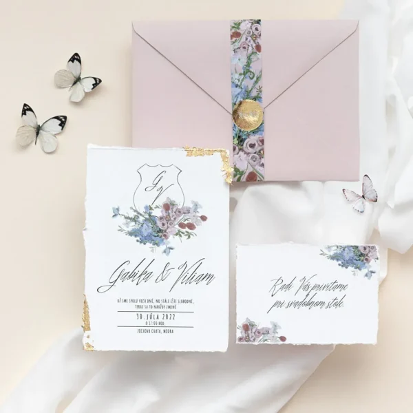 Svadobné oznamenie, pozvanie, a farebná obálka s manžetou v motíve erb s kvetmi